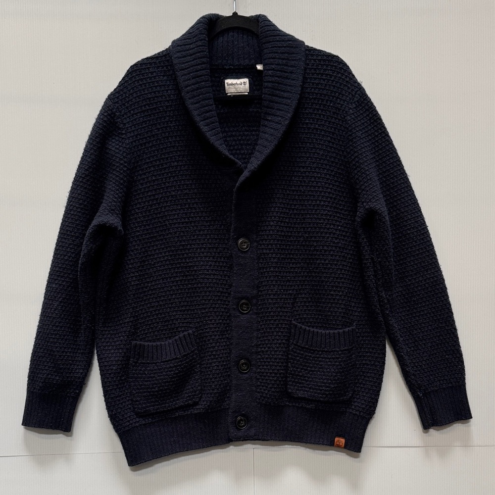 Timberland Men's Dark Blue Chunky Knit Cardigan Sweater